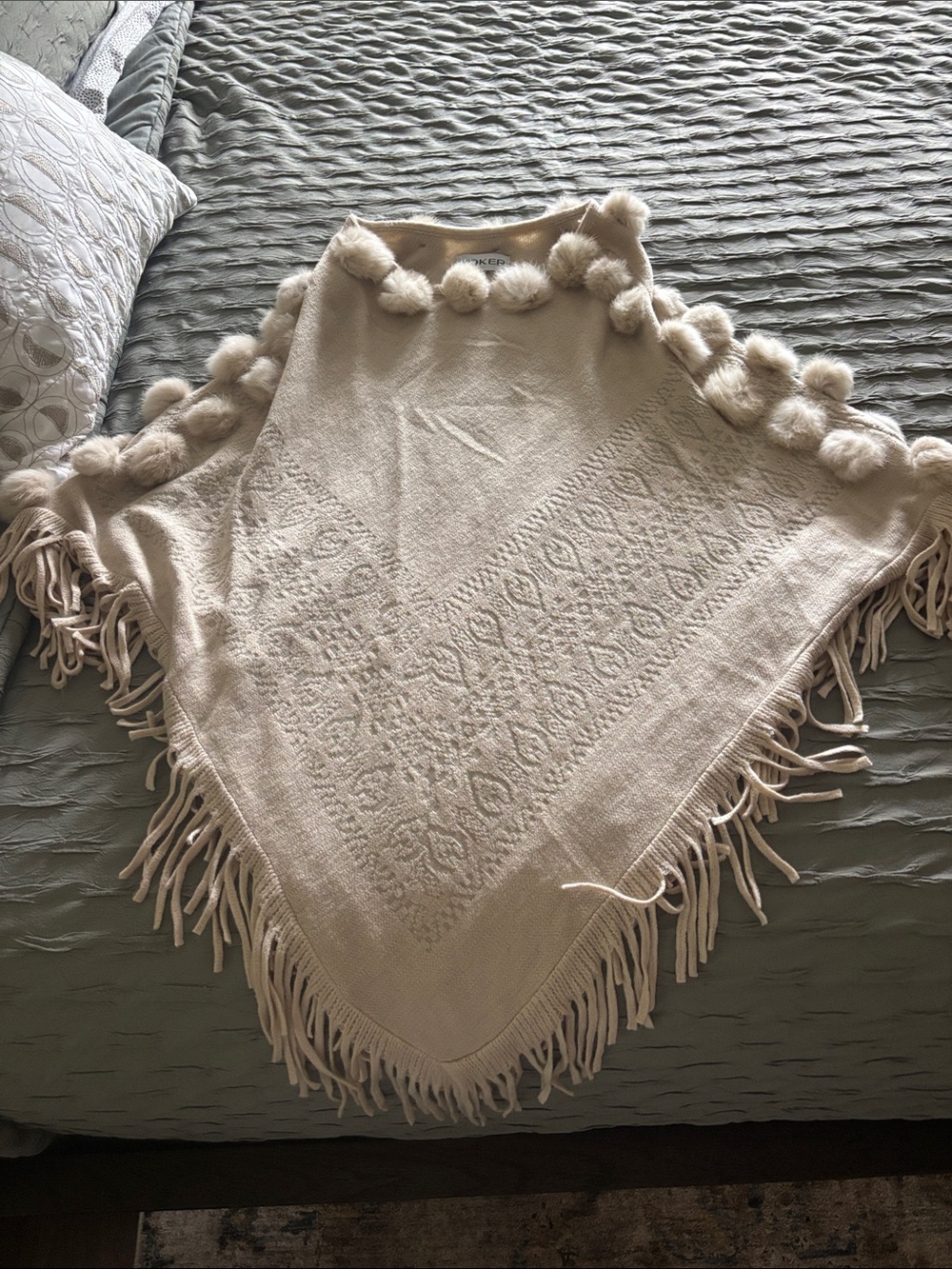 Soft Pom-Pom Fringe Poncho in Cream - Brand: Koker Made in Italy